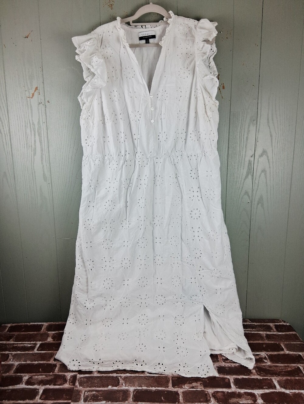 Eloquii White Cottagecore Dress Size 26 Eyelets Ruffle Shoulder Wedding Guest